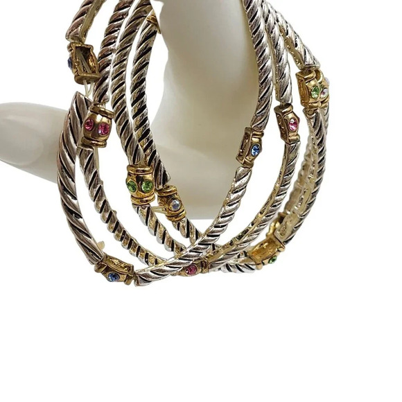 Multicolor Rhinestone Spiral Stretch Bangle Bracelet Set of 4 Gold Tone Vtg - Picture 3 of 5